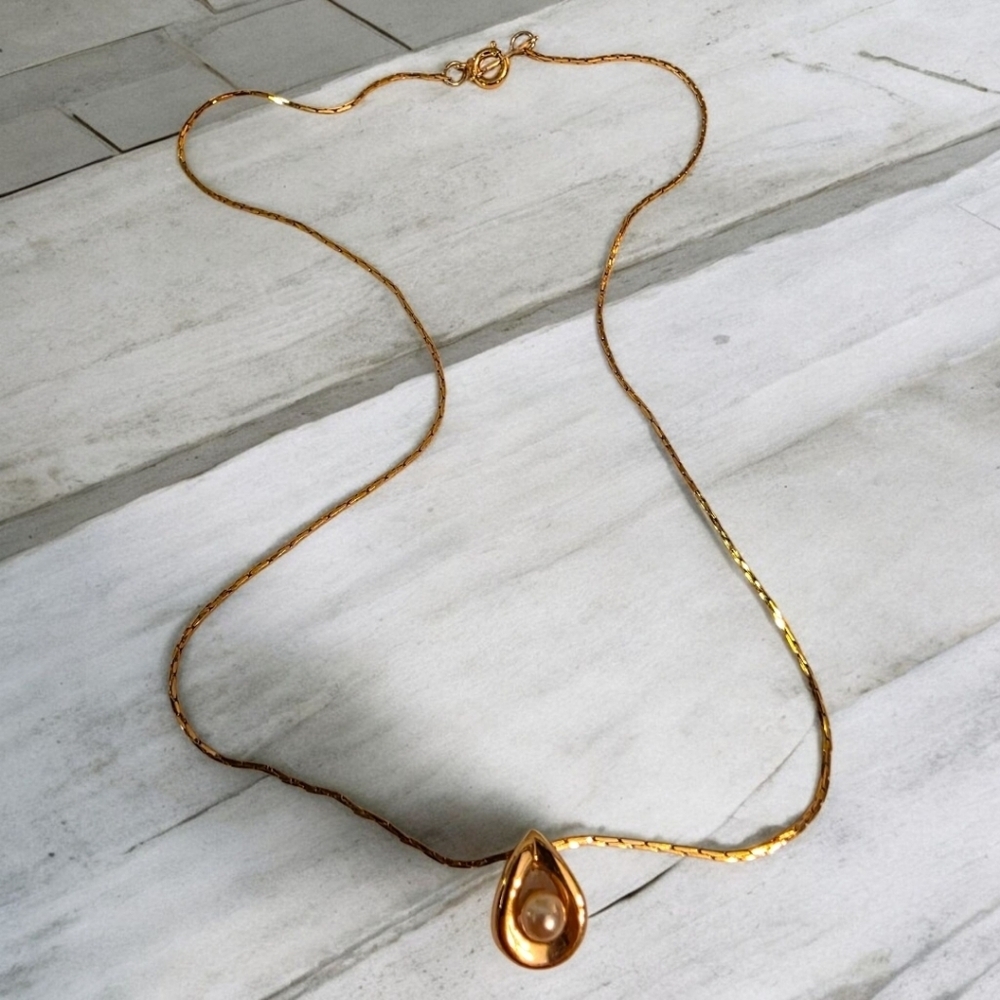 Napier Stamped Gold Necklace with Teardrop Pearl Pendant - Picture 2 of 8